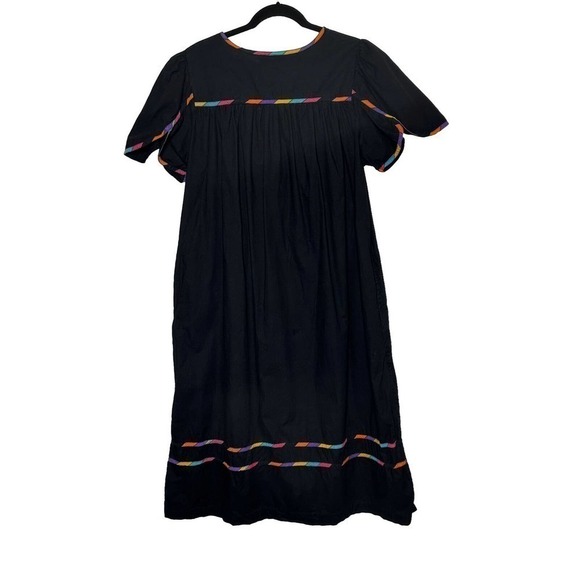 Vintage Sita Maxi Dress With Pockets Round Neck Short Sleeve Cotton Black Large - Picture 2 of 3